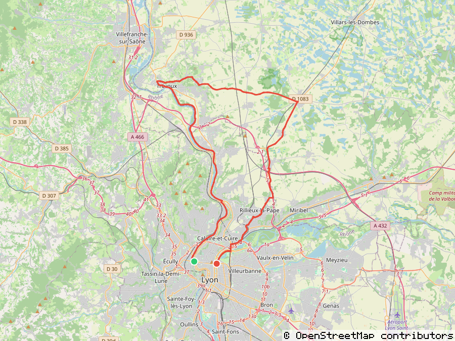A real ~1200-point GPS track rendered near Lyon, France, hugging real roads